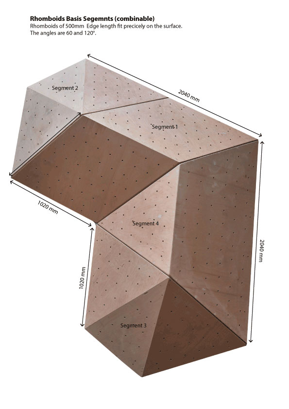 Rhomboids | Rhomboids Base // Diese 7 Basiselemente bestehen aus jeweils 3 gespiegelten Elementen und einem Verbindungsstück. Sie haben eine symmetrische vertikale Berührungsfläche, wodurch sich grossflächige Volumenlandschaften bilden lassen. Die einzelnen Flächen sind im 60° / 120° - Winkel aufgebaut, so dass die Rhomboidserie formschlüssig aufgebaut werden kann. Jedes Element kann einzeln bestellt werden. | blocform | objects to climb
